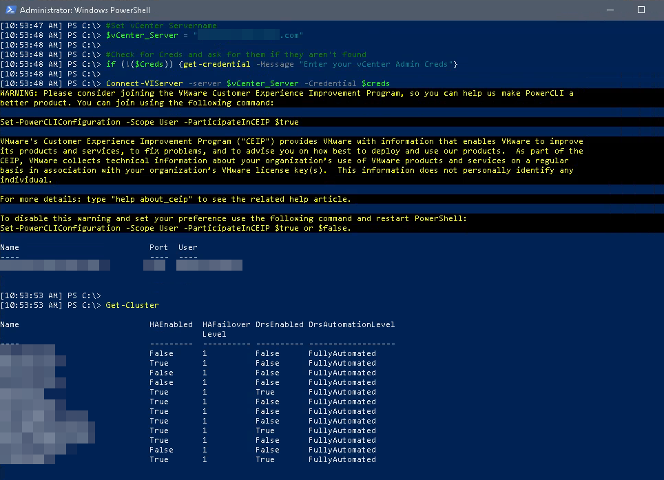 Example of vCenter Connection with Powershell