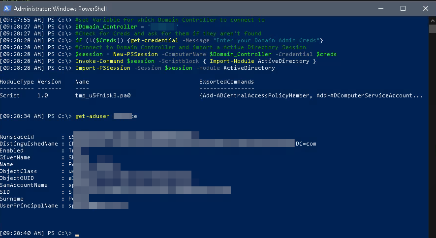 Example of Active Directory Connection with Powershell