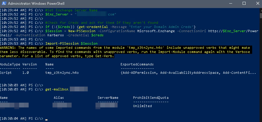 Example of Exchange Connection with Powershell