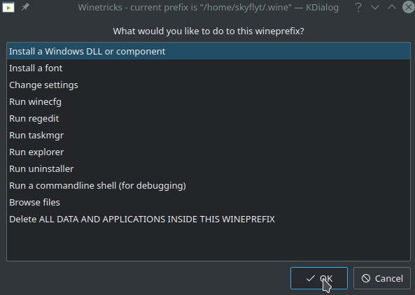 Winetricks default prefix menu