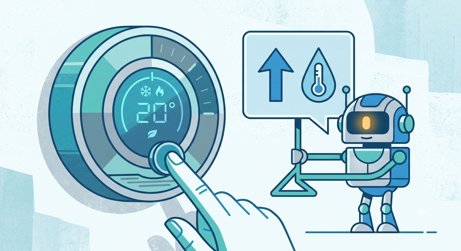 Flat editorial illustration: a round thermostat dial beside a small robot holding a speech-bubble suggestion, a fingertip about to tap a button.