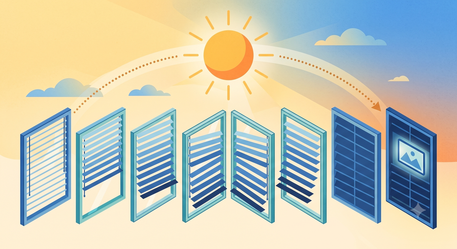 Flat editorial illustration: a large sun arcing across the sky above abstract window frames whose blinds tilt to track its angle, one showing a TV glow.