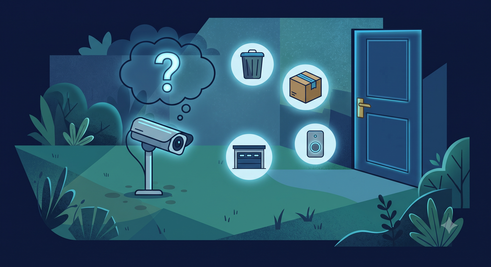 Flat editorial illustration: a security camera with a question-mark thought bubble and icon chips for a trash bin, package, garage door, and doorbell.