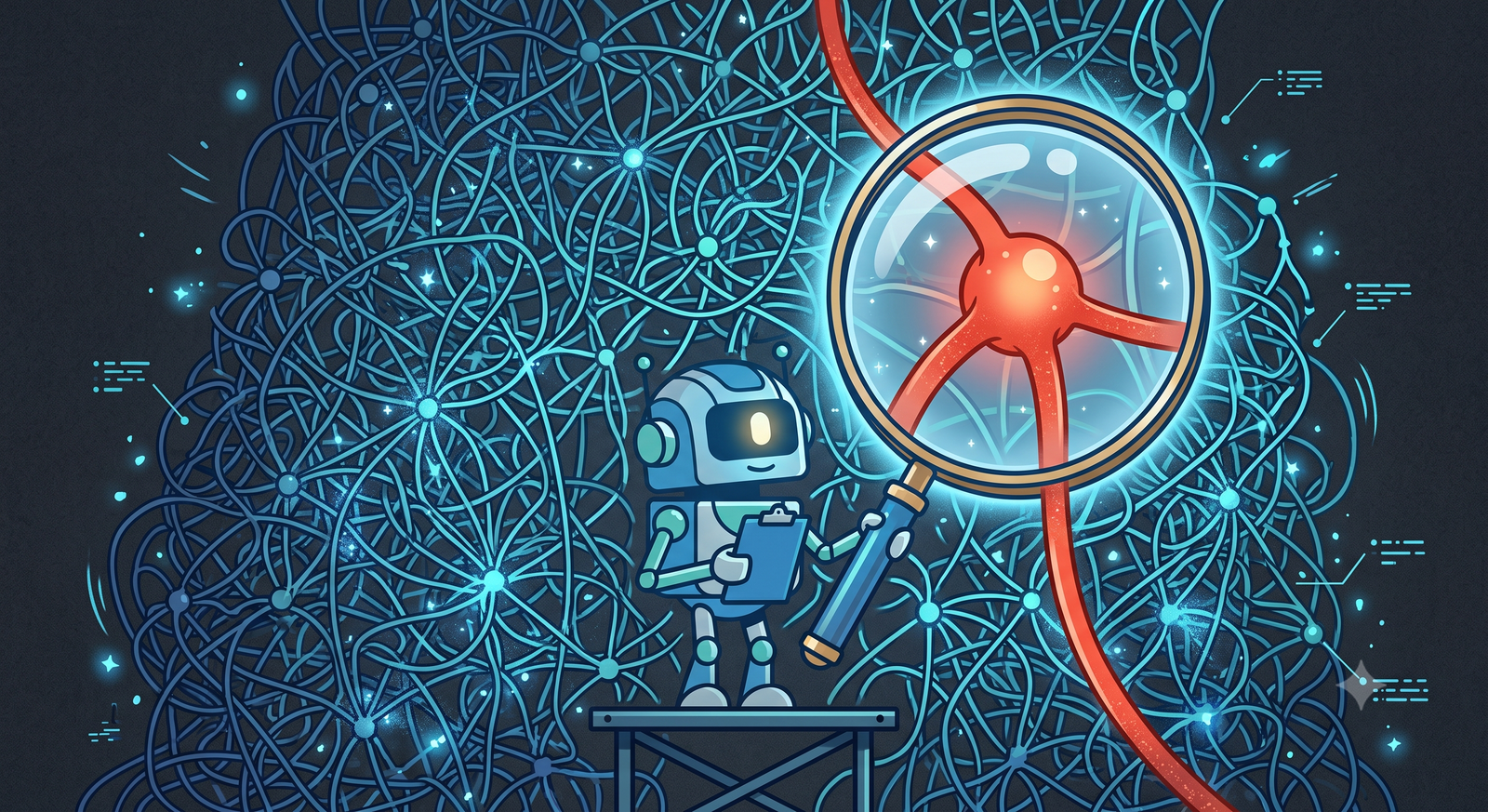 Flat editorial illustration: a small robot with a clipboard and magnifying glass before a towering wall of glowing threads, one oversized red thread standing out.