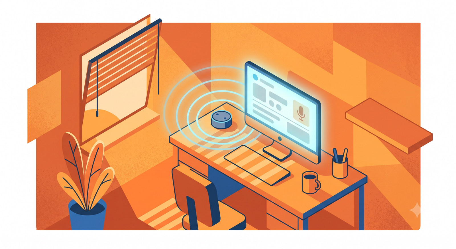 Flat editorial illustration: a cozy dawn home office with a glowing monitor, half-tilted blinds, and a smart speaker emitting sound waves.