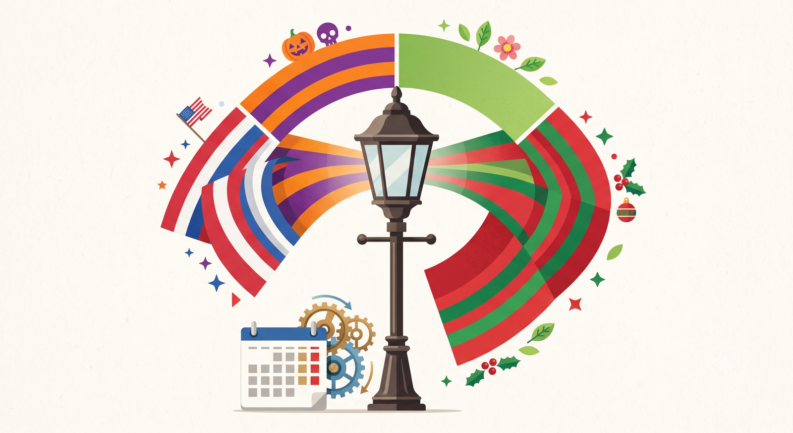 Flat editorial illustration: a porch light post radiating holiday color themes in fanning arcs, with a small calendar-and-gears icon suggesting computed dates.