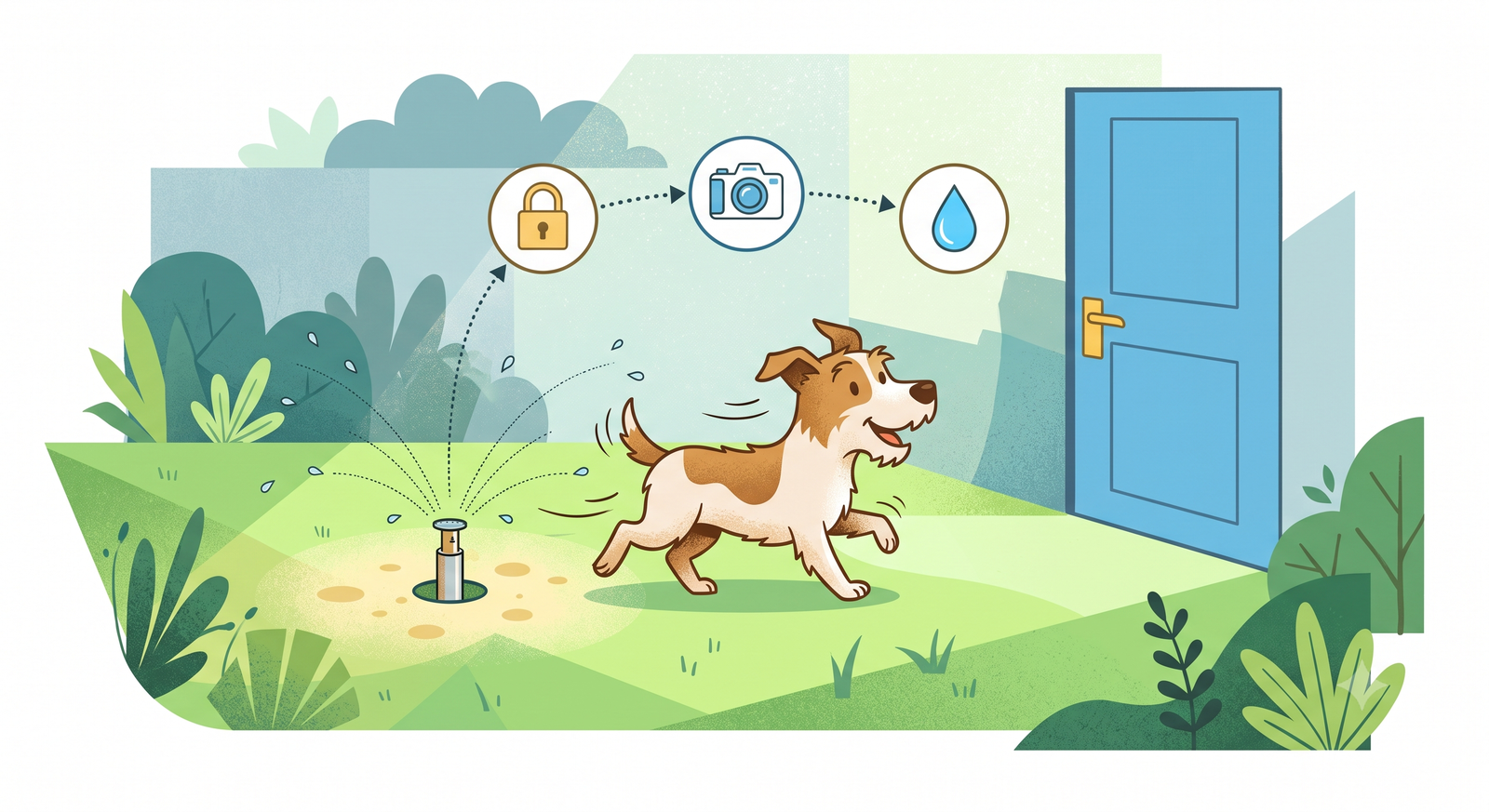 Flat editorial illustration: a cartoon dog trotting to a door while a sprinkler mists a small patch of lawn; a padlock, camera, and droplet linked above.