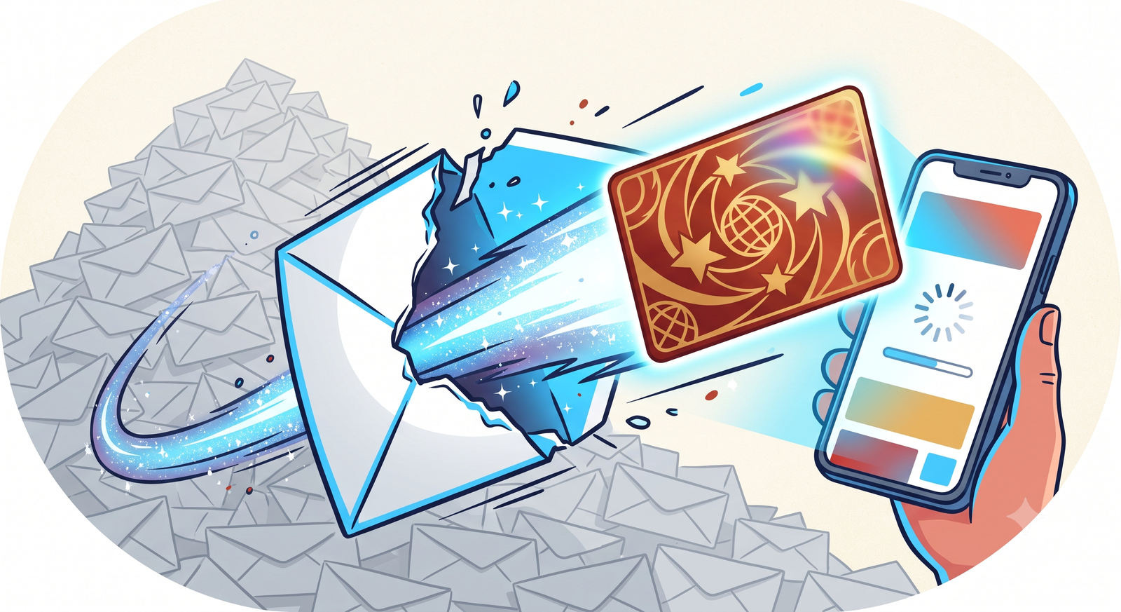 Flat editorial illustration: an envelope bursting open with a trading-card shape shooting toward a phone, a faint pile of grey envelopes behind it.