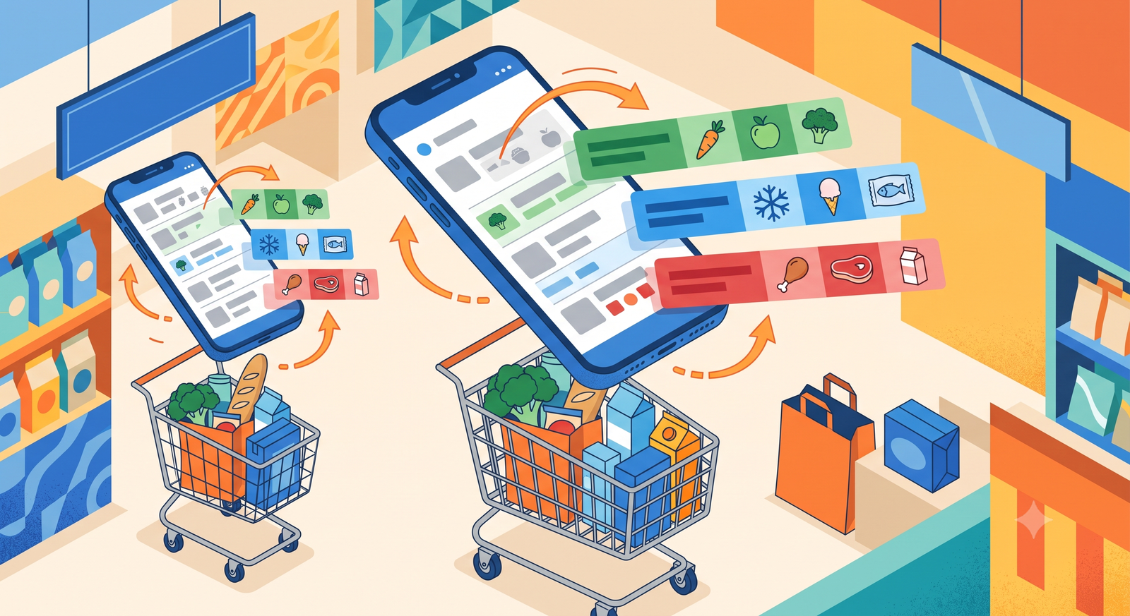 Flat editorial illustration: a phone above a shopping cart, list items sorting into color-coded aisle groups.