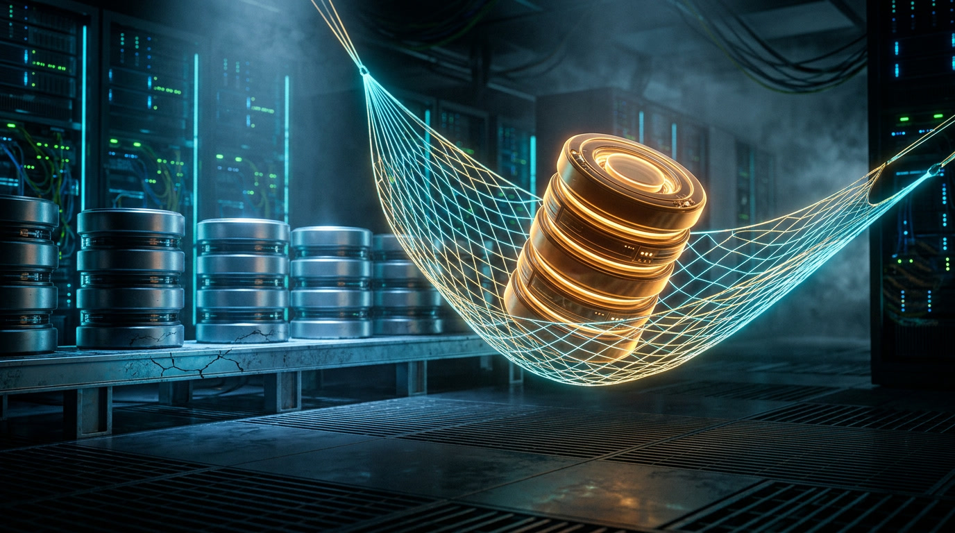 A single glowing amber database cylinder cradled in a luminous safety net, above cold disconnected cylinders on a cracked platform - conceptual illustration of one protected database on an otherwise unprotected shared cluster.