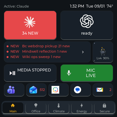 The main page — agents, meetings, media, mic, and the pet's tile